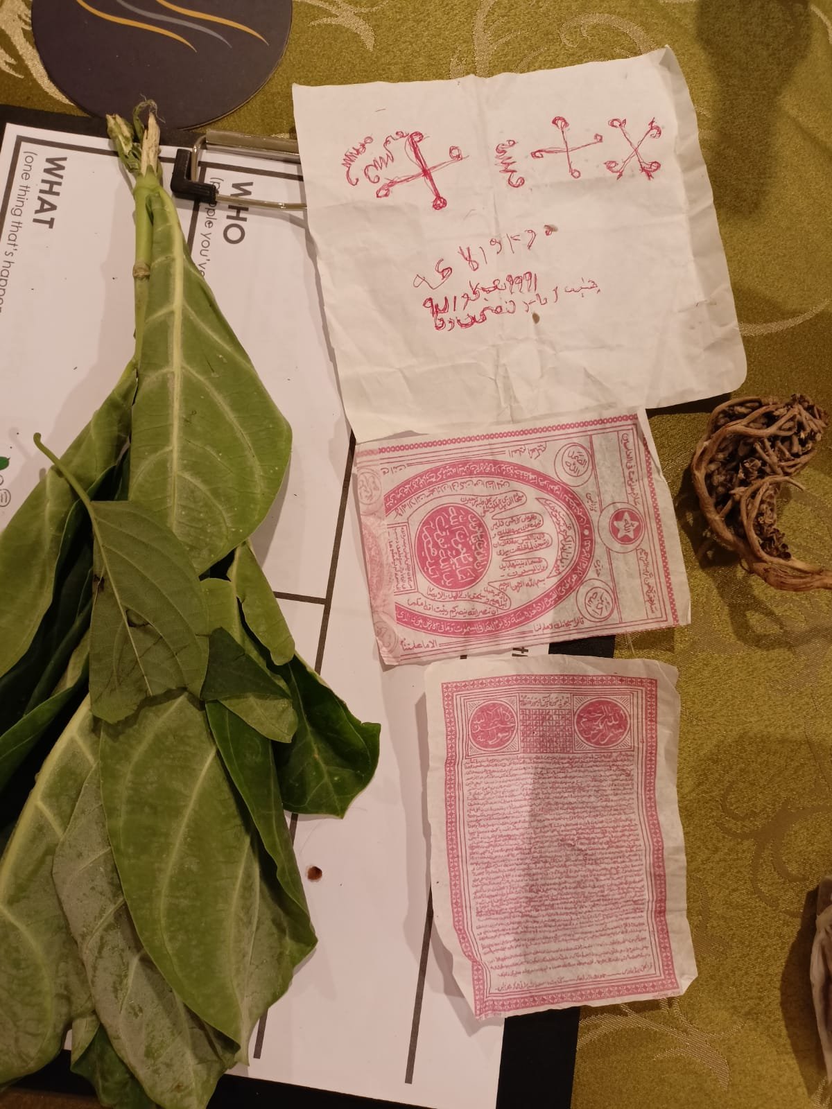 Fresh green leaves, two red printed papers, a white cloth marked in red and a knotted brown cord arranged on a table